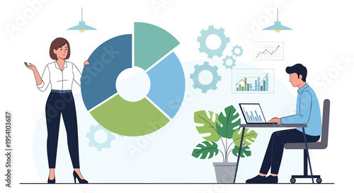 Vector illustration of business people working with charts and graphs