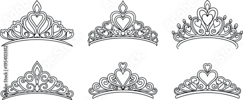 Set of Elegant Heart Tiara and Princess Crown Line Art Icons for Girls Birthday, Wedding, and Royal Jewelry Design