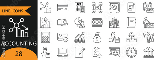 .Accounting and Bookkeeping Line Icons with Tax, Calculator, and Financial Elements.
