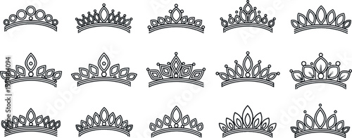 Minimalist princess tiara and wedding crown vector line art set. Modern diadem outline collection for bridal fashion, beauty pageants, and jewelry design.