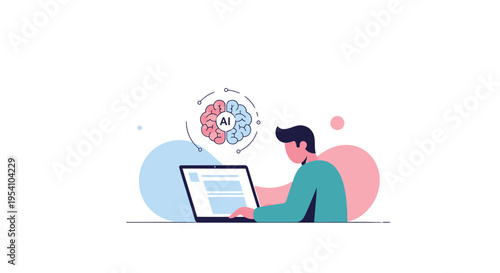 Vector illustration of man working on laptop with creative thought bubble