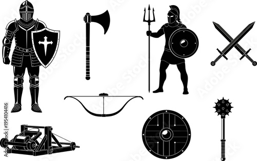 Collection of Medieval Warrior Silhouettes and Ancient Weapons Including Knight Armor Gladiators Swords Shields Battle Axes Crossbows Catapults and Maces for Historical Design Elements