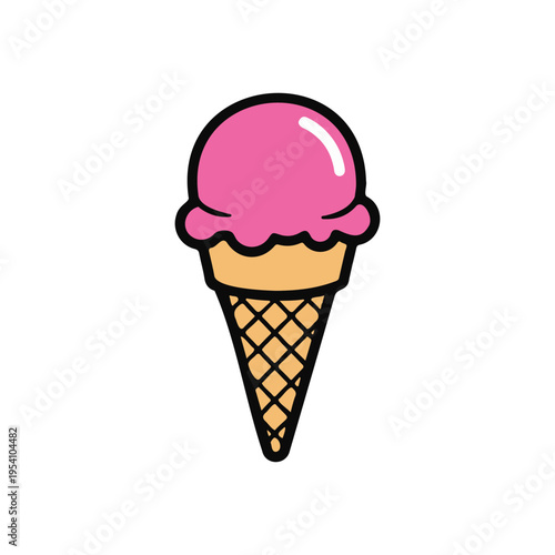 Vector illustrator of vector illustration of a delicious pink ice cream scoop in a crispy waffle cone, simple flat design icon for summer dessert menu or logo