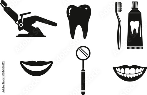 Dental care icons set featuring a black dentist chair, white tooth, toothbrush, toothpaste tube, mouth mirror, and smiling lips for professional stomatology clinic branding and oral hygiene.