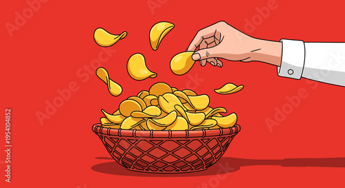 A hand taking a chip from a bowl of potato chips