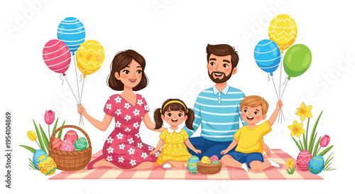 Cute vector design of a joyful family having an Easter picnic with decorated eggs and colorful balloons.