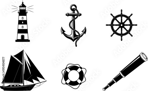 Nautical black and white vector icon set featuring a lighthouse, anchor with rope, ship wheel, sailing boat, lifebuoy, and spyglass telescope for maritime design projects.