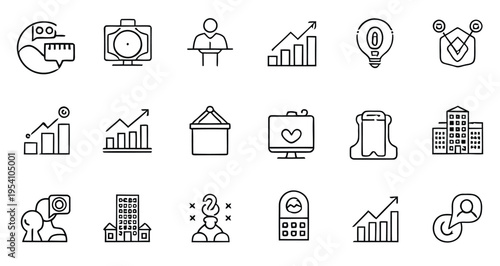 Collection of 16 line icons related to business finance and technology