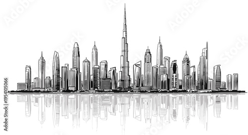 A black and white drawing of a city skyline