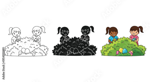 Collection of three diverse vector illustrations showing young girls happily participating in an outdoor Easter egg hunt tradition