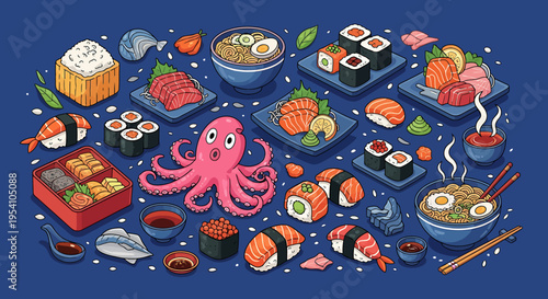 A colorful illustration of various sushi and octopus on blue plates