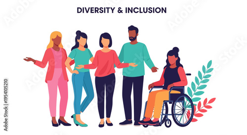Diverse Group of People with Disability Promoting Inclusion, Equality & Teamwork in Flat Style