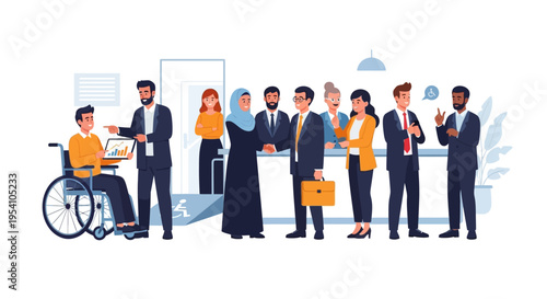 Diverse Inclusive Business Team Meeting with Professionals and Disabled Employee in Wheelchair