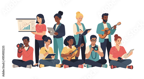 Diverse Group of Creative Professionals & Students Collaborating with Various Skills and Talents in a Modern Illustration