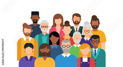 Diverse Group of Multicultural People Flat Design Illustration. Mixed Age, Gender, and Ethnicity for Community, Teamwork, and Inclusion Concepts.