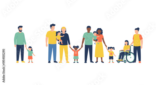 Diverse Families and Inclusive Community: Vector Illustration of Multiethnic People, Same-Sex Couples, and Differently Abled Individuals