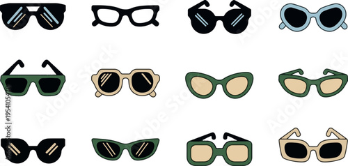 Modern sunglasses and eyewear frame vector set. Stylish sun glasses collection with diverse shapes for fashion, summer, and lifestyle design.