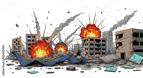 Explosions destroying city buildings in dramatic style