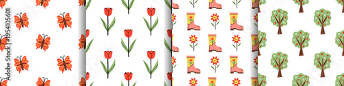 Vector seamless pattern spring collection with cute butterfly, tulip flower, rain boot with daisy and blooming tree. Playful garden print set for kids fabric, wrapping paper, wallpaper, scrapbooking.