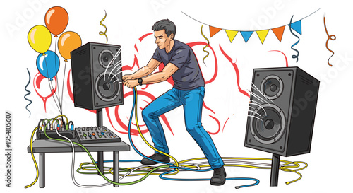 DJ mixing music at party with speakers and balloons