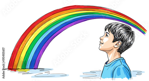 Boy admires colorful rainbow over water