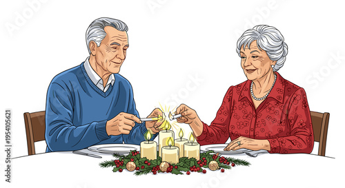 Elderly couple lighting candles for Christmas celebration