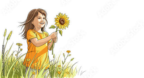 Young girl smiling holding sunflower in meadow