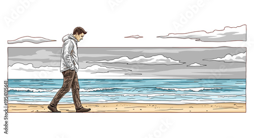 Man walking alone on beach at sunset by ocean waves