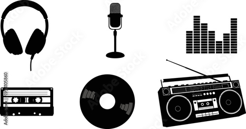Retro Music and Audio Equipment Vector Set Featuring Vintage Cassette Tape, Boombox, Headphones, Studio Microphone, Vinyl Record, and Digital Sound Wave Frequency Equalizer Icons