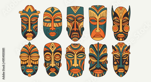 Vibrant abstract tribal masks in orange and green hues against a clean white background with a bold graphic design