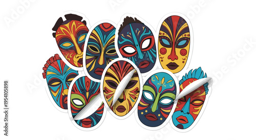 Vibrant abstract tribal masks with colorful designs and patterns on a plain white background