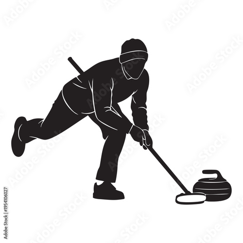 Silhouette of a male curler in action, sliding and sweeping on ice during a curling game, with a curling stone visible