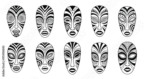 A collection of eight unique Abstract tribal masks with varied designs, arranged in two rows against a clean white background