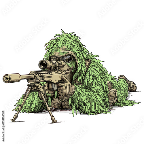 Soldier in camouflage prone aiming rifle