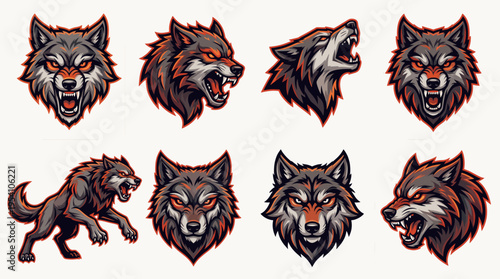 Collection of stylized wolf illustrations showcasing various poses and expressions, including snarling and howling.