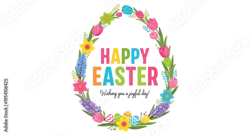 Happy Easter vector illustration with a colorful egg-shaped floral wreath and festive decorative eggs.
