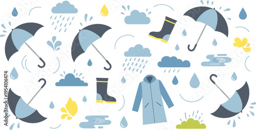 Rainy Weather Collection with Umbrellas, Rain Boots, Clouds, Raindrops, and Waterproof Coat Elements in Cartoon Style for Seasonal Forecast and Climate Vector Illustrations