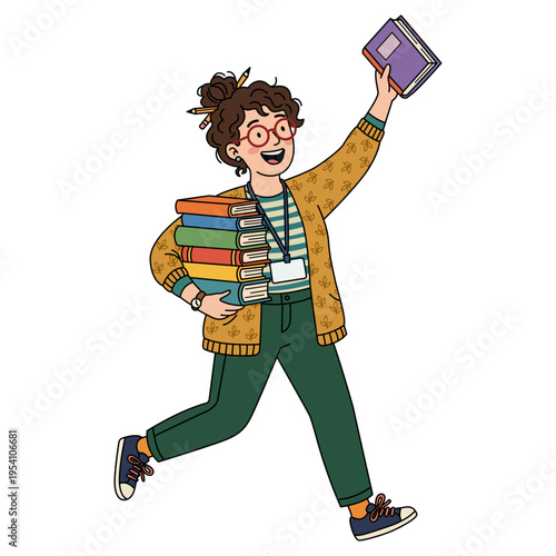 Smiling woman librarian with curly hair wearing mustard cardigan and green pants carrying stack of books and holding one up