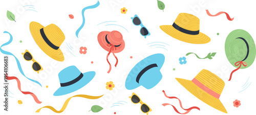 Summer Accessories Collection with Stylish Hats, Sunglasses, Ribbons, and Floral Elements in Colorful Cartoon Style for Beach Fashion, Travel, and Seasonal Design Projects