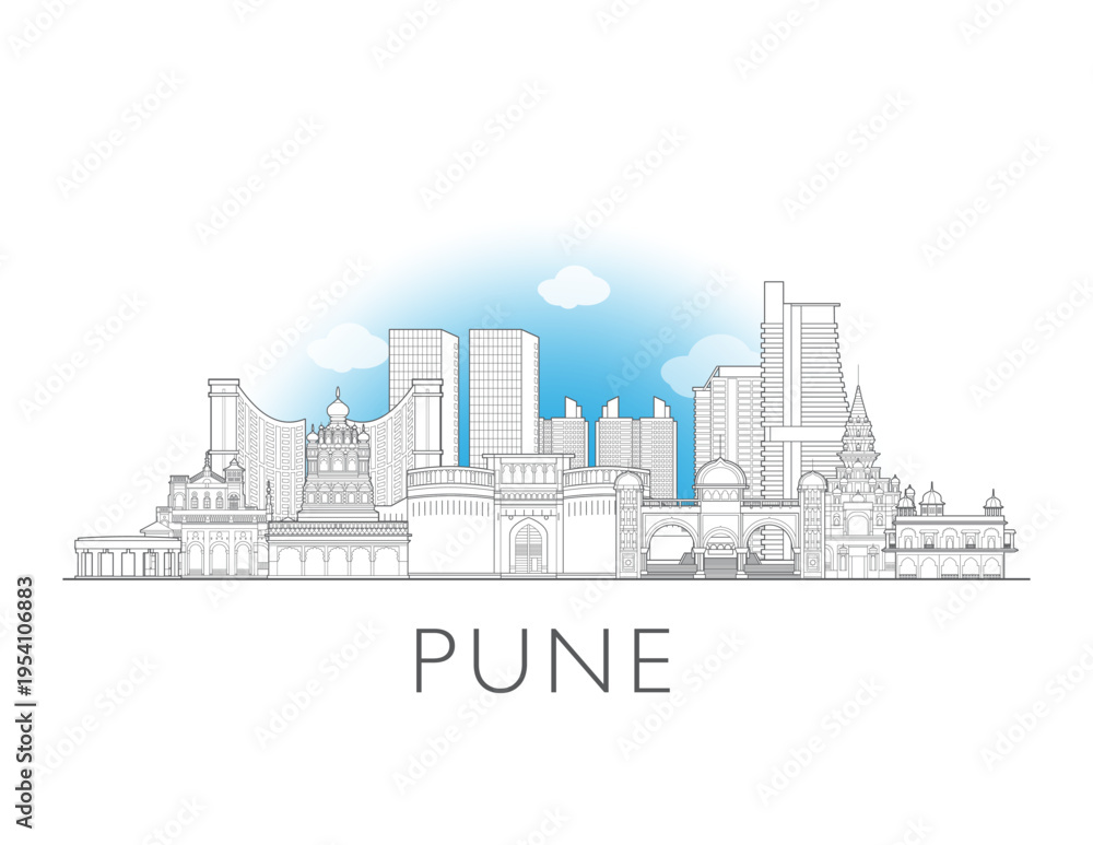Fototapeta premium Pune skyline, India. Urban cityscape with landmarks and monuments. Hand drawn line art digital skyline illustration
