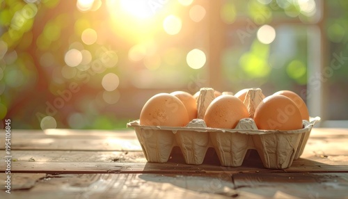 Fresh brown eggs in carton on wooden table, morning light