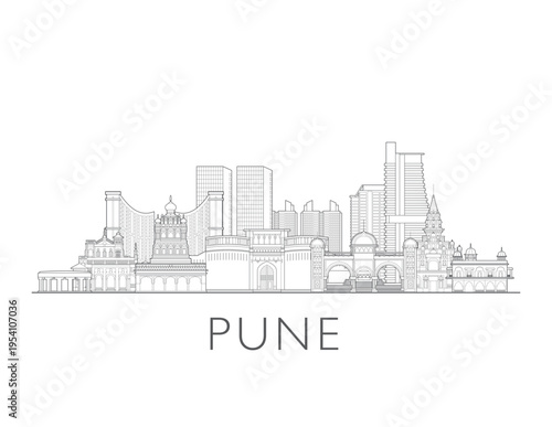 Pune skyline, India. Urban cityscape with landmarks and monuments. Hand drawn line art digital skyline illustration