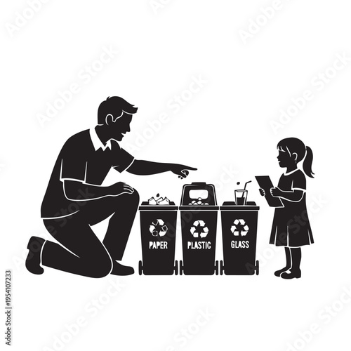 Father and daughter recycling waste into separate bins for paper, plastic, and glass, teaching environmental responsibility