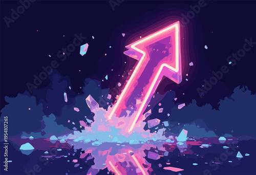 vibrant 3D isometric graphic glowing neon upwardtrending arrow smashing violently through glass ceiling Shards glass frozen midair Breaking barriers concept Dark background No text