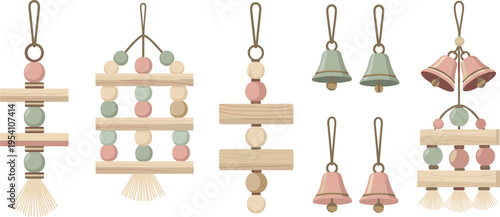 Boho Wooden Bead Wall Hanging Set with Bells, Tassels, and Decorative Ornaments in Neutral Pastel Colors for Nursery Decor, Craft Design, and Home Aesthetic Illustrations