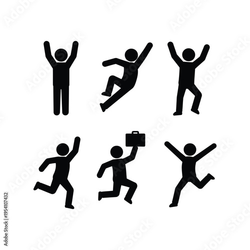 Six black silhouette people icons in various celebratory poses on white background 