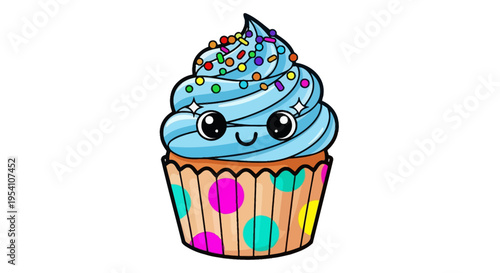 Colorful cartoon cupcake with blue frosting.