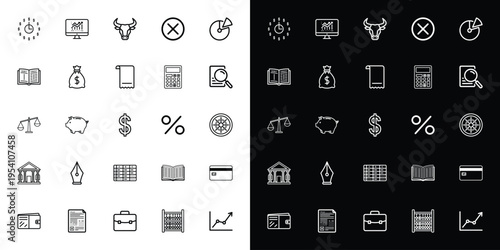 Set of 25 Outline Finance and Business Icons Vector Collection for Web Design, Mobile Apps, and Marketing Materials on White and Black Backgrounds