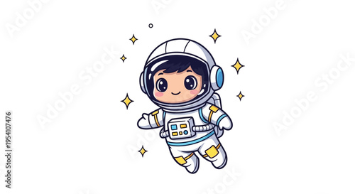 Smiling astronaut in white spacesuit floating.