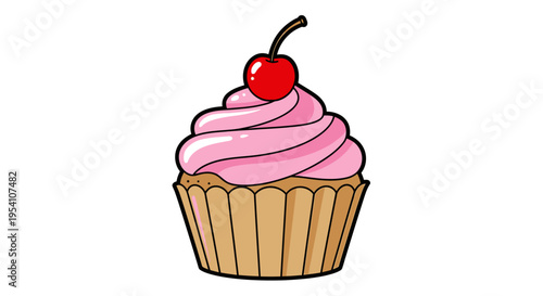 A pink frosted cupcake with cherry.